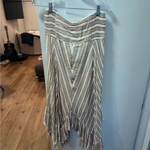 Free People Cream and Brown Striped High-Low Midi Skirt